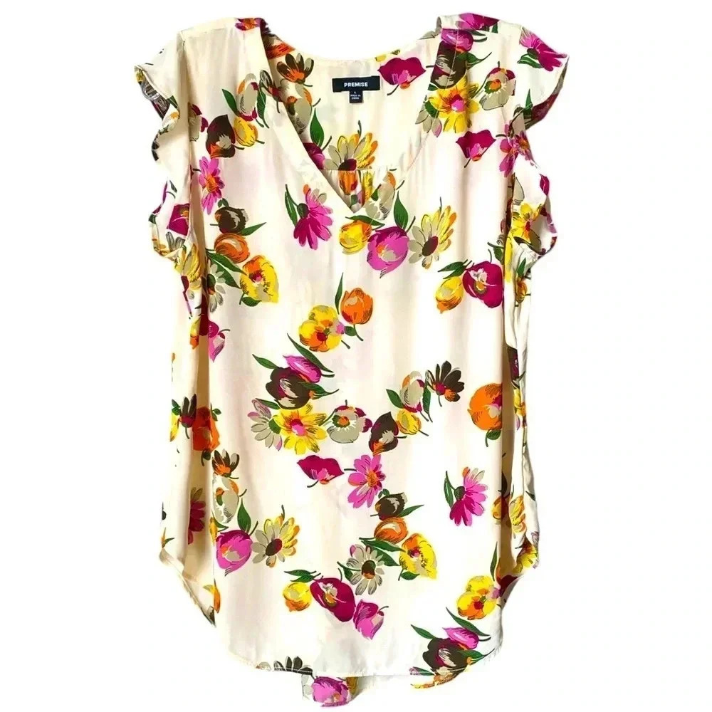 PREMISE | Nude Cream Floral Ruffled Cap Sleeves V-Neck Top Size L